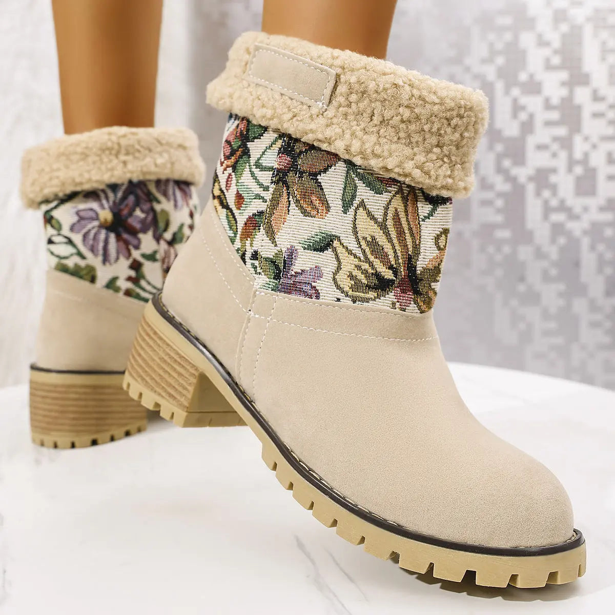 Cozy & Stylish Floral Embroidered Snow Boots for Women – Ethnic-Inspired Mid-Calf Winter Boots with Platform Thick Square Heels and Warm Cotton Lining SELLZON