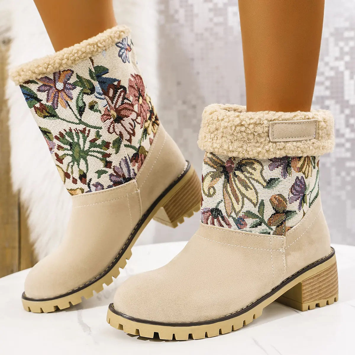 Cozy & Stylish Floral Embroidered Snow Boots for Women – Ethnic-Inspired Mid-Calf Winter Boots with Platform Thick Square Heels and Warm Cotton Lining SELLZON