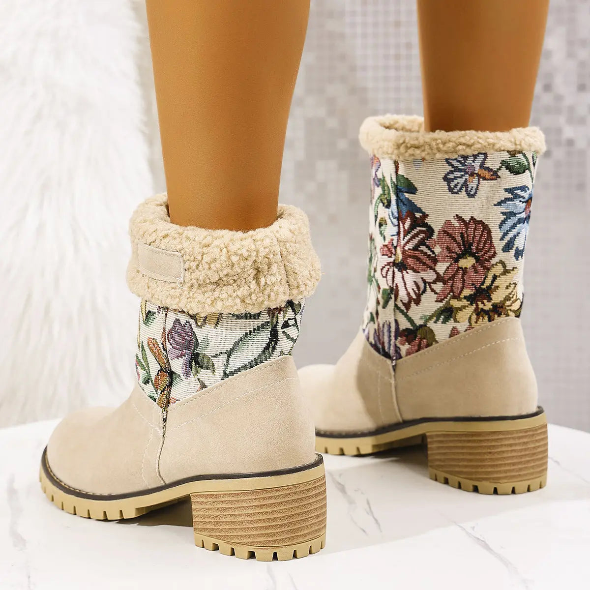 Cozy & Stylish Floral Embroidered Snow Boots for Women – Ethnic-Inspired Mid-Calf Winter Boots with Platform Thick Square Heels and Warm Cotton Lining SELLZON