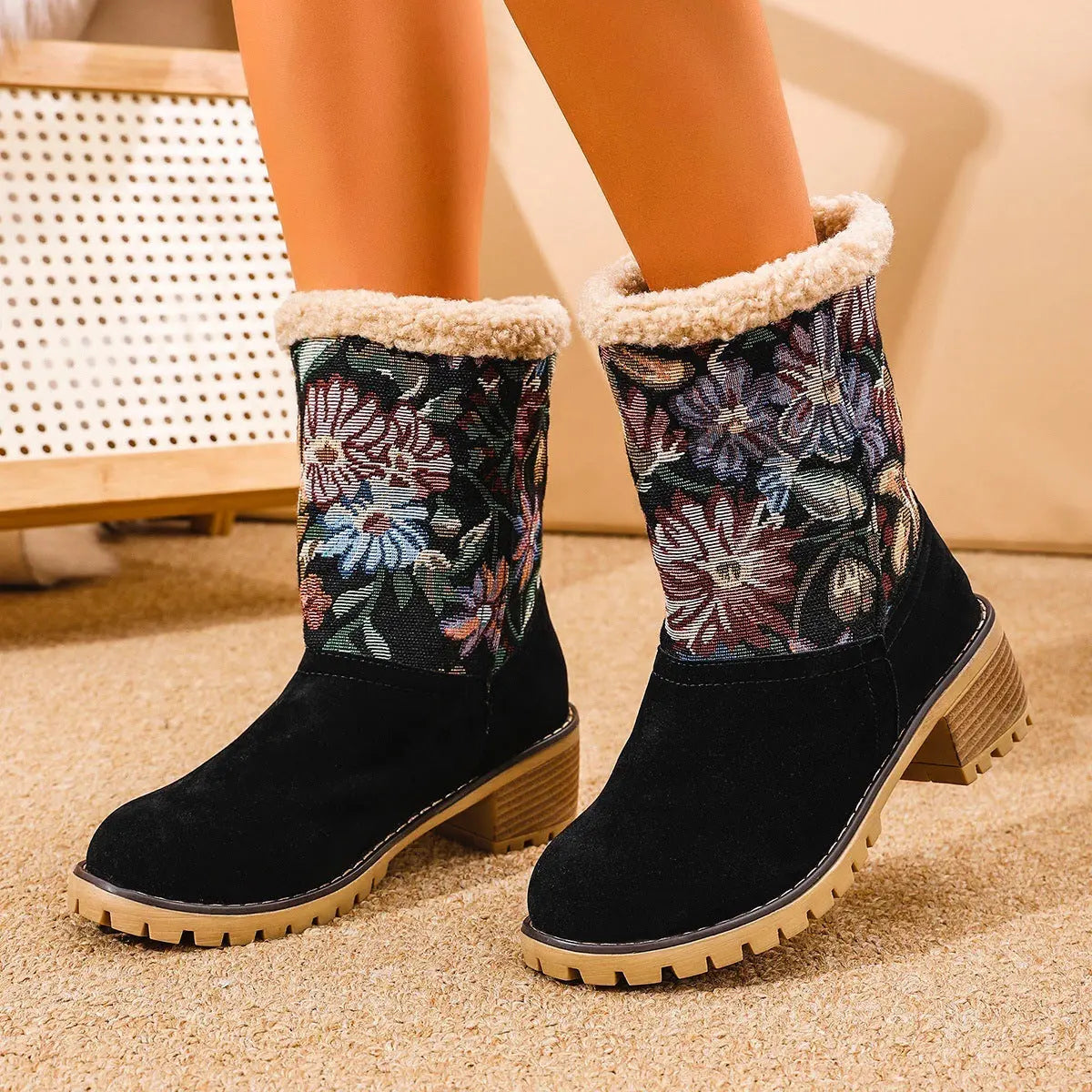 Cozy & Stylish Floral Embroidered Snow Boots for Women – Ethnic-Inspired Mid-Calf Winter Boots with Platform Thick Square Heels and Warm Cotton Lining SELLZON