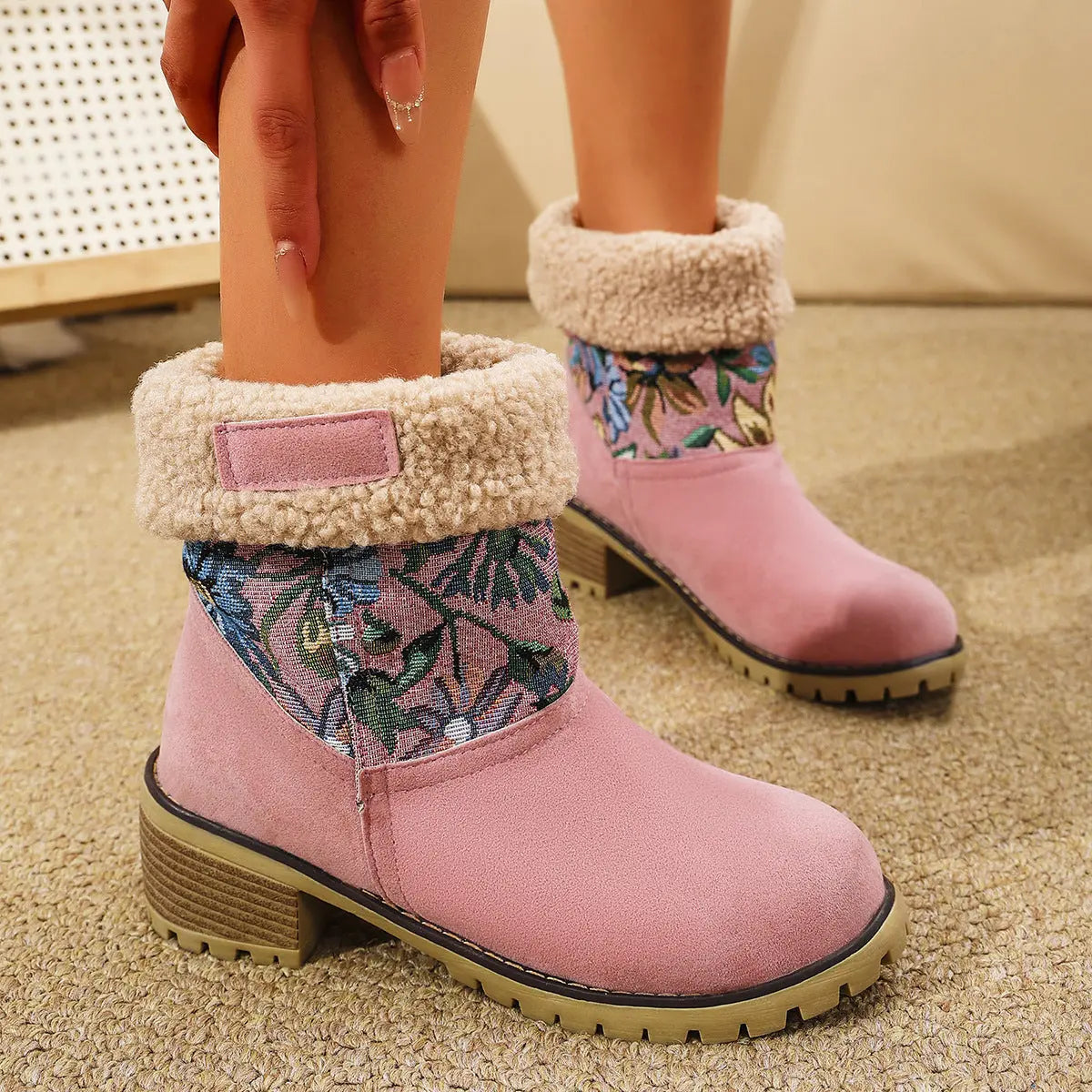 Cozy & Stylish Floral Embroidered Snow Boots for Women – Ethnic-Inspired Mid-Calf Winter Boots with Platform Thick Square Heels and Warm Cotton Lining SELLZON