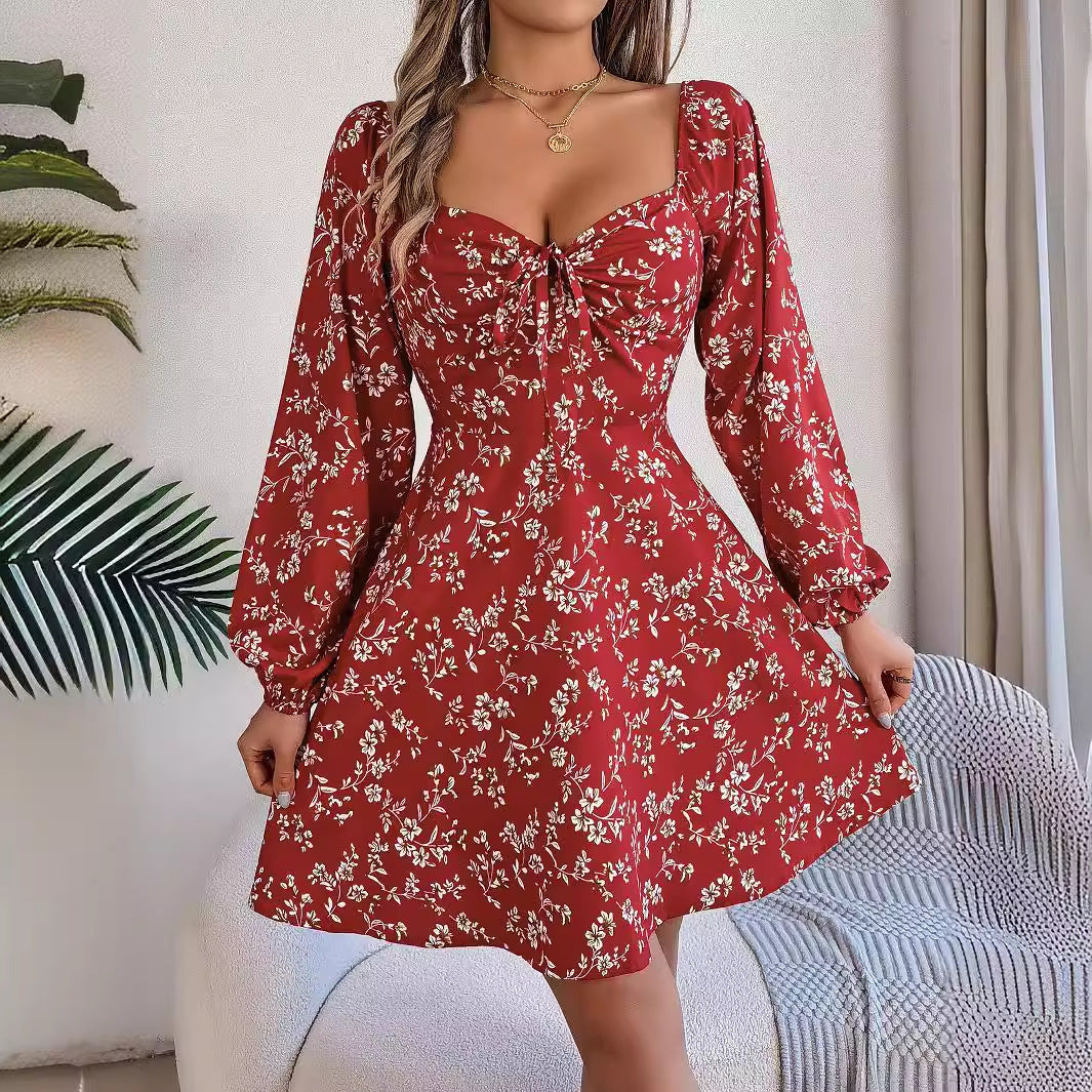 Fashion Floral Print Lantern Sleeve Dress Casual Sexy Tie Square Neck Long Sleeve A-Line Dress Women's Clothing SELLZON