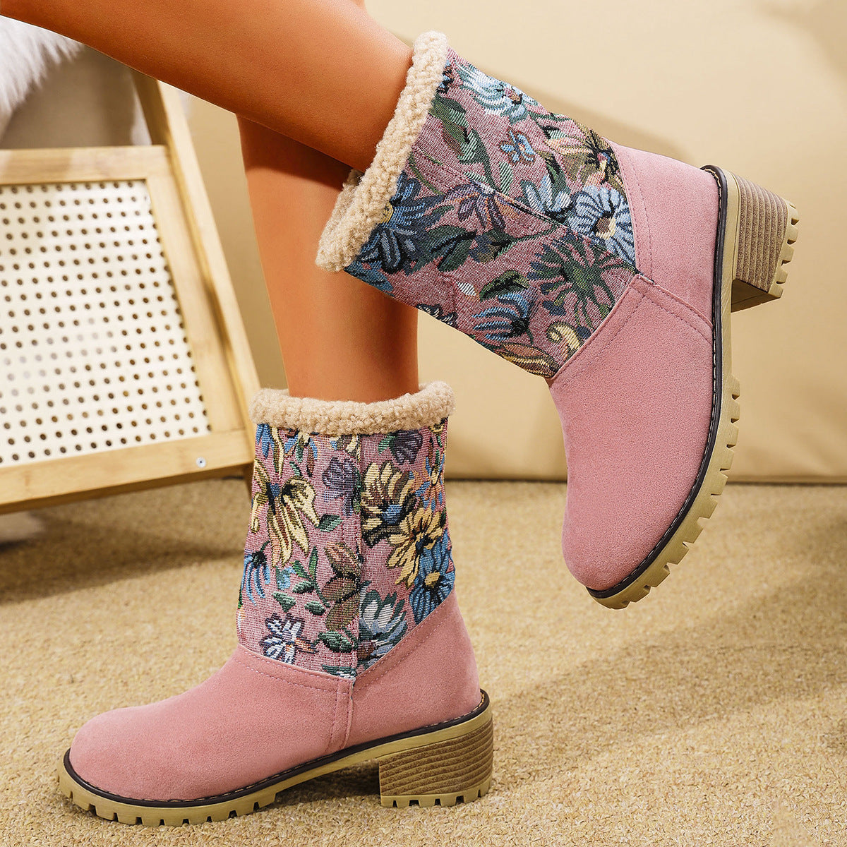 Cozy & Stylish Floral Embroidered Snow Boots for Women – Ethnic-Inspired Mid-Calf Winter Boots with Platform Thick Square Heels and Warm Cotton Lining SELLZON