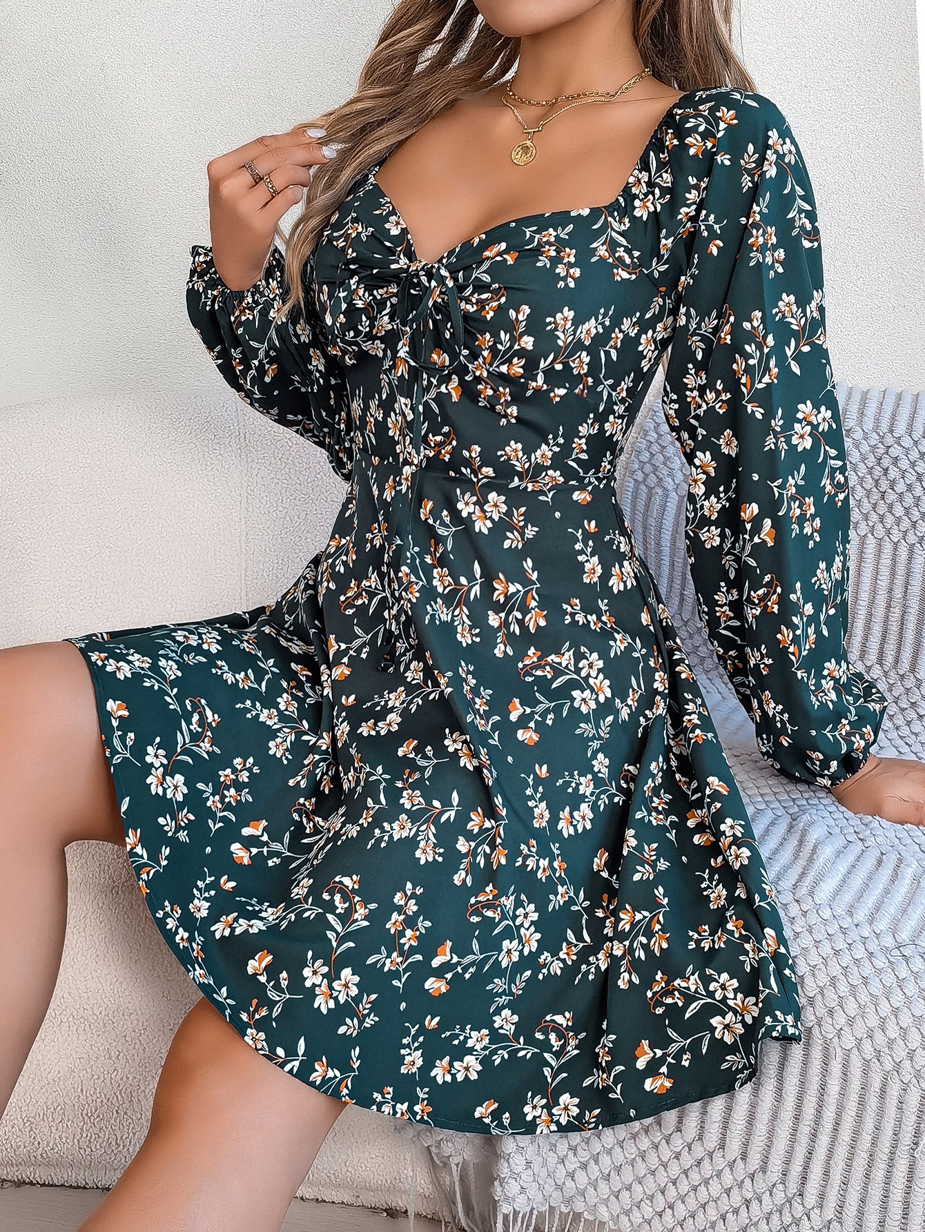 Fashion Floral Print Lantern Sleeve Dress Casual Sexy Tie Square Neck Long Sleeve A-Line Dress Women's Clothing SELLZON