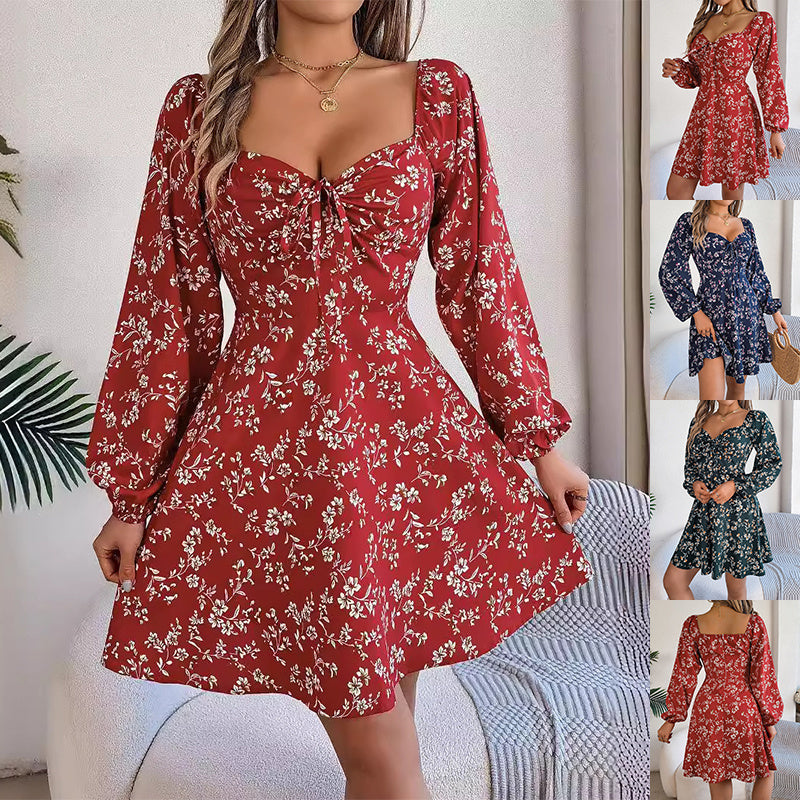 Fashion Floral Print Lantern Sleeve Dress Casual Sexy Tie Square Neck Long Sleeve A-Line Dress Women's Clothing SELLZON