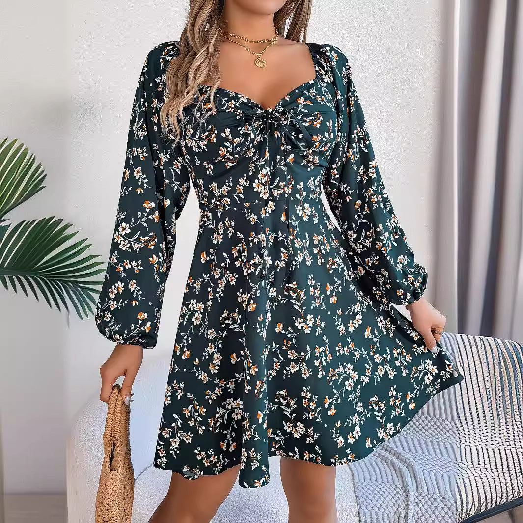 Fashion Floral Print Lantern Sleeve Dress Casual Sexy Tie Square Neck Long Sleeve A-Line Dress Women's Clothing SELLZON