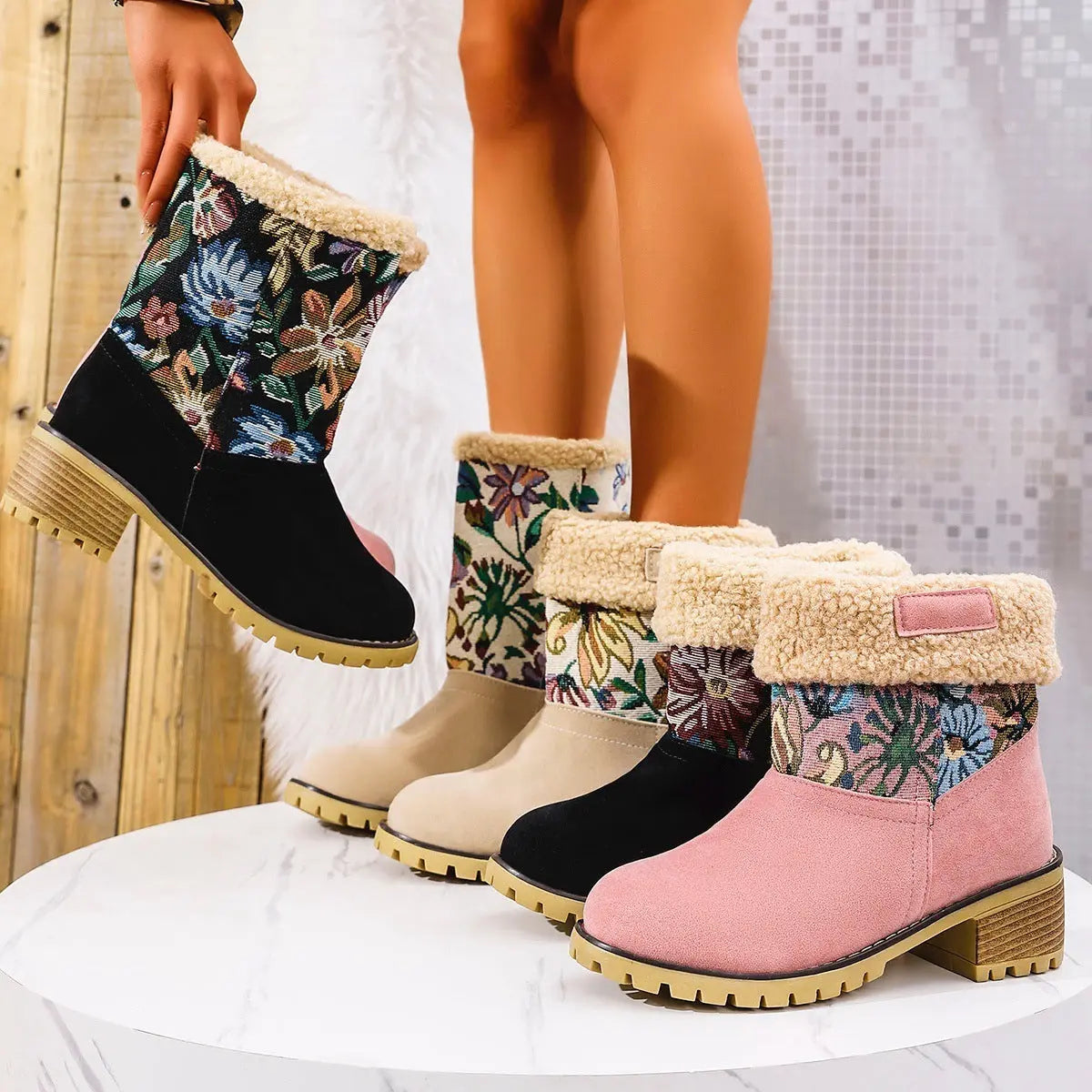 Cozy & Stylish Floral Embroidered Snow Boots for Women – Ethnic-Inspired Mid-Calf Winter Boots with Platform Thick Square Heels and Warm Cotton Lining SELLZON