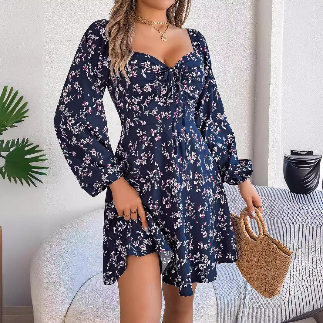 Fashion Floral Print Lantern Sleeve Dress Casual Sexy Tie Square Neck Long Sleeve A-Line Dress Women's Clothing SELLZON